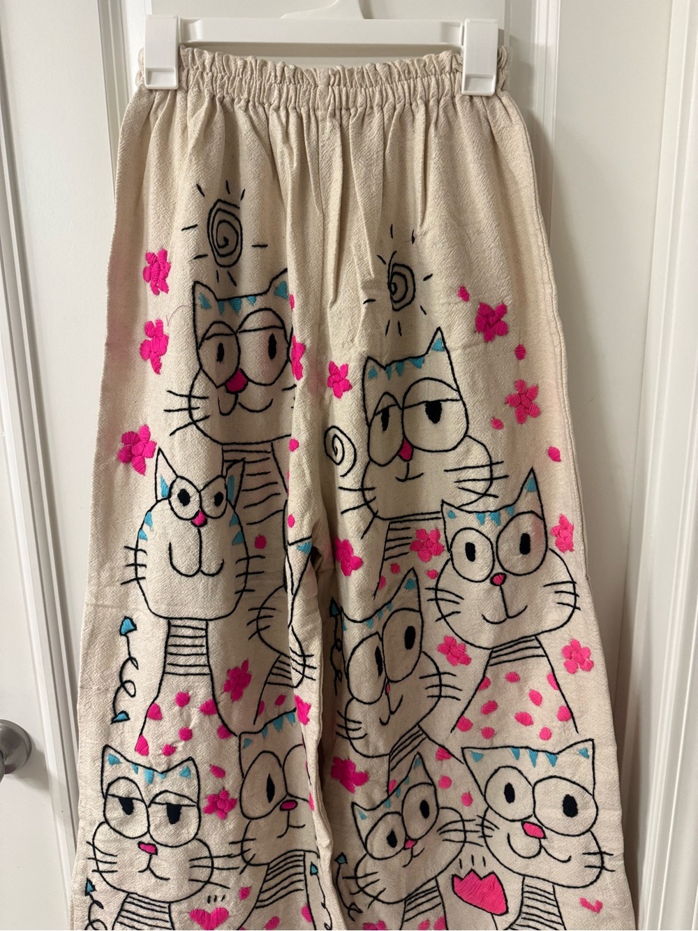 Rare Only one Beige Fully embroidered Wide-Leg Pants with Playful Print